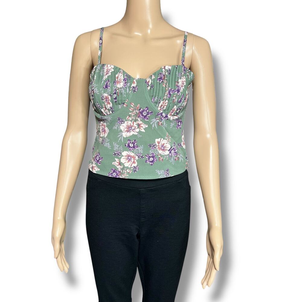 Blush BJ Womens Crop Top Floral Print Pleated Underwire Cutout Back Green Small